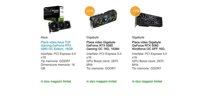 Iată plăci video NVIDIA RTX 5080 în stocul unui magazin